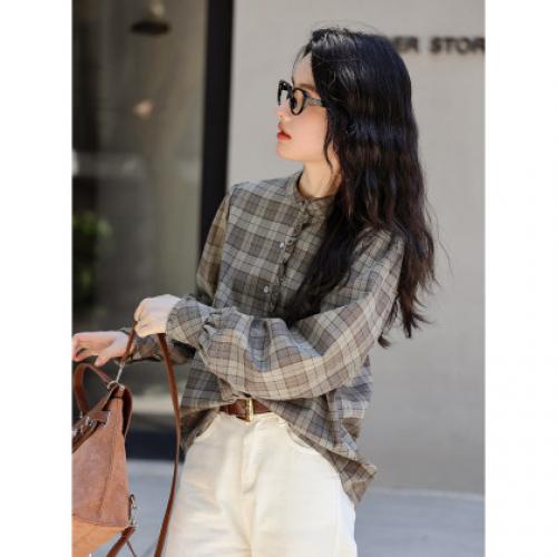 【格调职场】春秋立领叠穿花边拼接衬衣女高级感减龄格子衬衫女