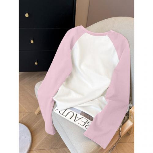 唐狮2026秋新款长袖T恤女甜美草莓印花撞色圆领插肩袖内搭打底衫