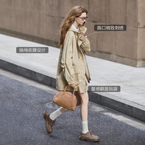 唐狮25秋冬季连帽外套女卡其潮流中长款早秋时尚气质风衣学院休闲