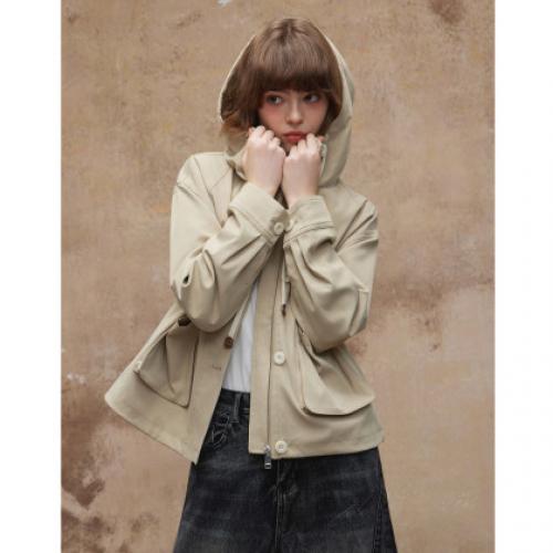 唐狮2026秋季新款假两件连帽风衣女休闲小个子宽松减龄工装外套