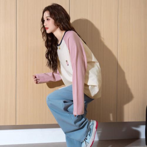 唐狮2025秋季新款长袖T恤女小个子外穿气质温柔撞色插肩袖打底衫