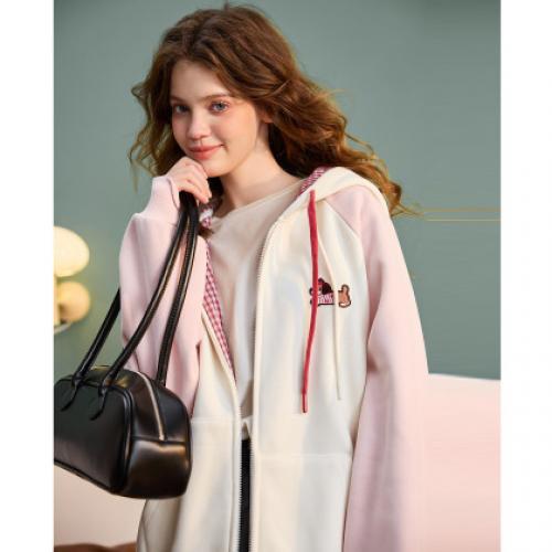 唐狮25秋冬连帽外套女针织插肩袖撞色可爱风学生小个子加绒外套