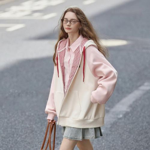 唐狮25秋冬连帽外套女针织插肩袖撞色可爱风学生小个子加绒外套