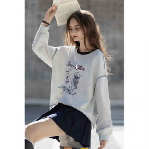 唐狮2026春秋冬季卫衣女圆领加绒加厚卡通印花宽松慵懒风设计时尚