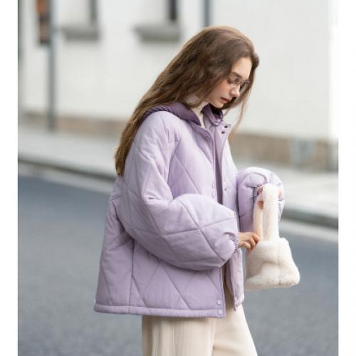 唐狮冬季新款连帽棉衣女外套夹棉假两件短款百搭菱形格棉袄