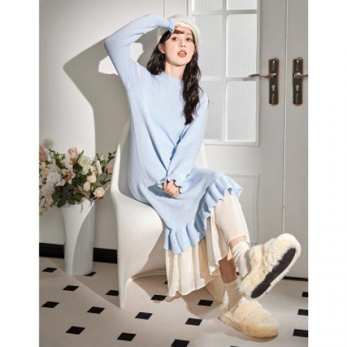 唐狮蓝色连衣裙女2026秋冬新款小个子中长款超好看早秋气质裙子X2