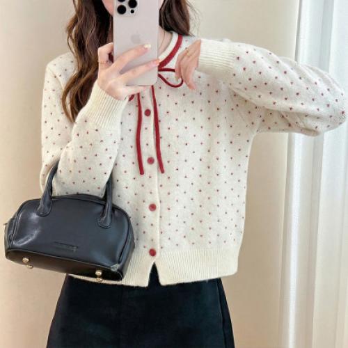 唐狮2026秋冬女圆领撞色钮扣满地提花开衫毛线衫百搭女毛衣韩系