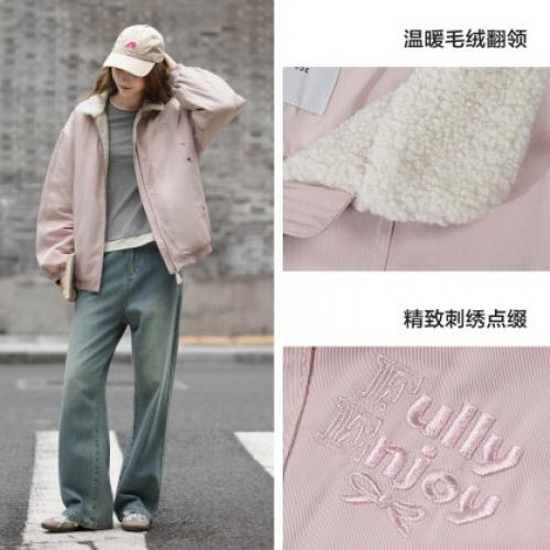 唐狮2026秋冬季短款厚外套女撞色仿羊羔绒领子短款棉衣保暖夹克