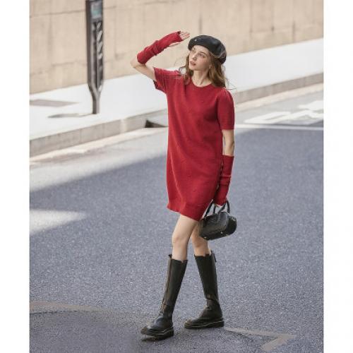 唐狮2026秋冬新款连衣裙女圆领镂空长袖设计气质慵懒针织毛衣裙X2