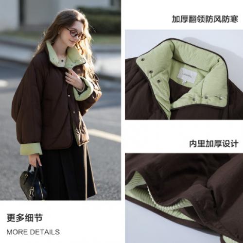 唐狮2026冬季新款短款羽绒服女撞色灯芯绒拼接蝙蝠袖立领防寒保暖