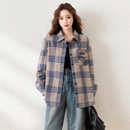 唐狮2025年衬衣女秋季长袖百搭日系宽松遮肚子女翻领复合长袖衬衫