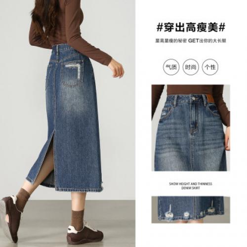 唐狮25秋冬季新款牛仔半身长裙女高腰显瘦女休闲通勤牛仔破洞时尚