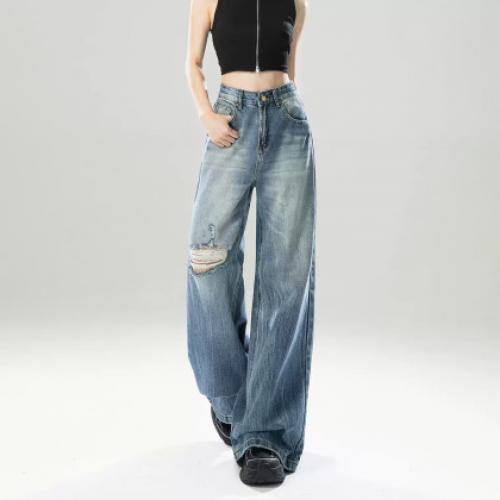 唐狮2026秋季新款女牛仔长裤宽松阔腿破洞复古水洗时尚潮流裤子K1