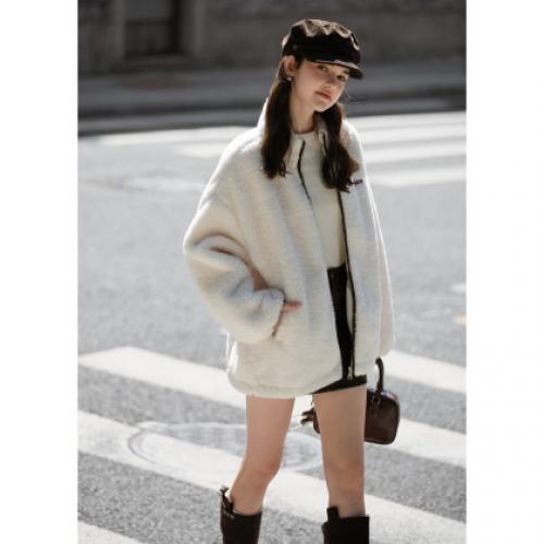 唐狮2026秋冬女立领撞色一手长羔毛外套可爱宽松休闲毛茸茸