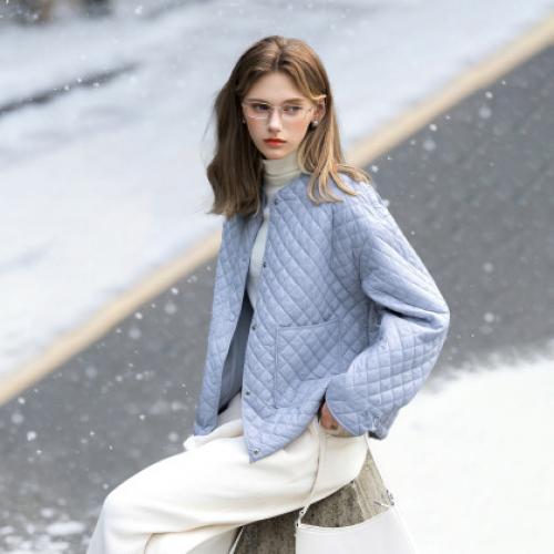 唐狮2026秋冬季女圆领短款轻薄棉衣内胆简约风菱格设计感小众独特