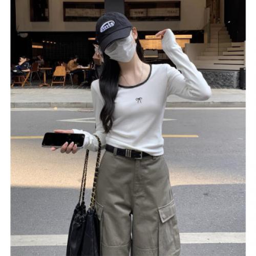 唐狮2026新款春秋打底衫女圆领撞边蝴蝶结长袖打底衣修身百搭显瘦