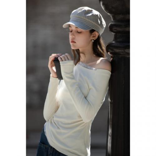 唐狮2026春秋女一字领假两件蕾丝拼接针织打底衫上衣秋冬可外穿