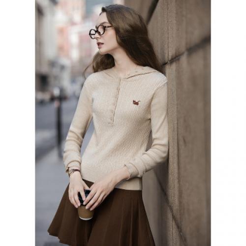 唐狮2026秋冬女连帽绞花毛织春秋打底衫女外穿高级感内搭上衣潮