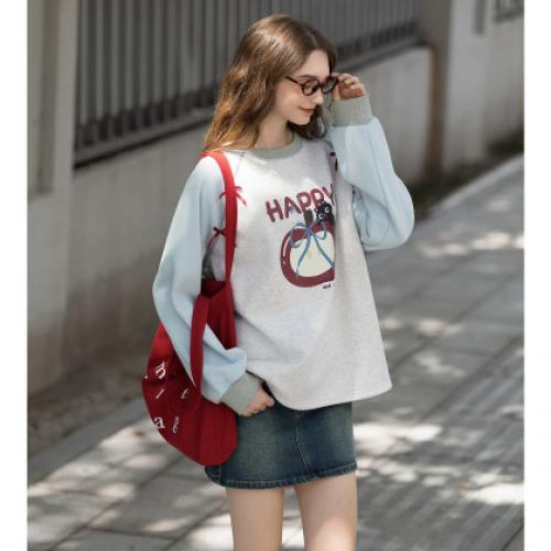 唐狮2026秋冬款卫衣女插肩袖印花圆领卫衣高级感秋装穿搭精致