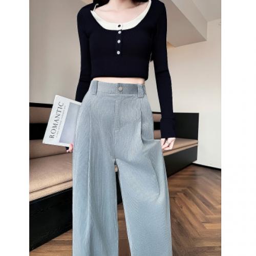 唐狮2026秋冬季女士灯芯绒长裤宽松休闲净色翻边设计感高级慵懒风