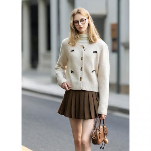 唐狮2025秋冬新款女毛衣圆领蝴蝶结甜美开衫外套针织衫气质高级感