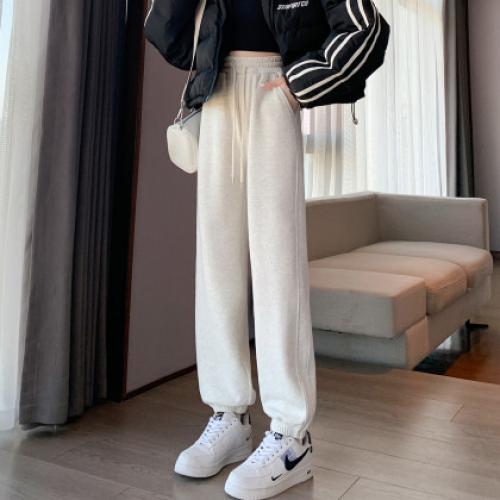 唐狮秋冬季新款休闲裤女抽绳束脚显瘦宽松侧拼加绒加厚卫裤子W