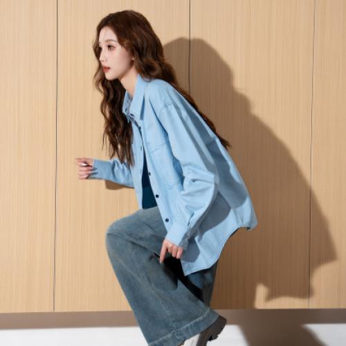 唐狮2025春季新款女衬衫净色长袖休闲百搭设计感蓝色爆款超好看