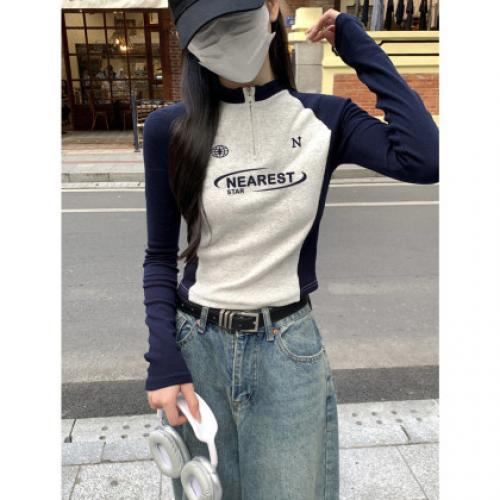 唐狮2026春季长袖T恤女立领拉链袖子拼接美式复古休闲气质高级感