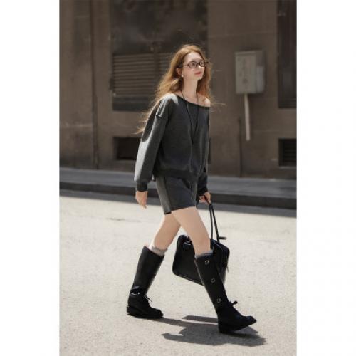 唐狮长袖卫衣套装女2026秋季新款露肩套装女灰色休闲短裤两件套d9