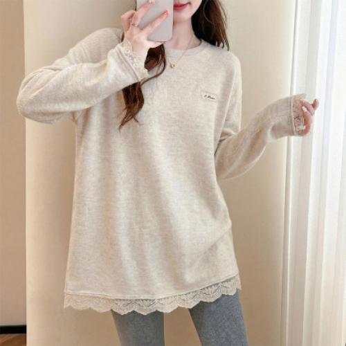 唐狮2025秋冬季毛衣女圆领净色下摆设计感拼接蕾丝边打底衣外穿