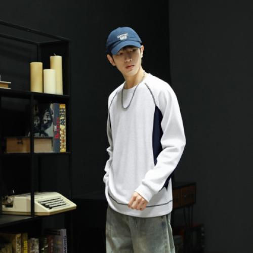 唐狮2025秋款男士长袖T恤秋款男款小众圆领拼接车明线打底衣内搭