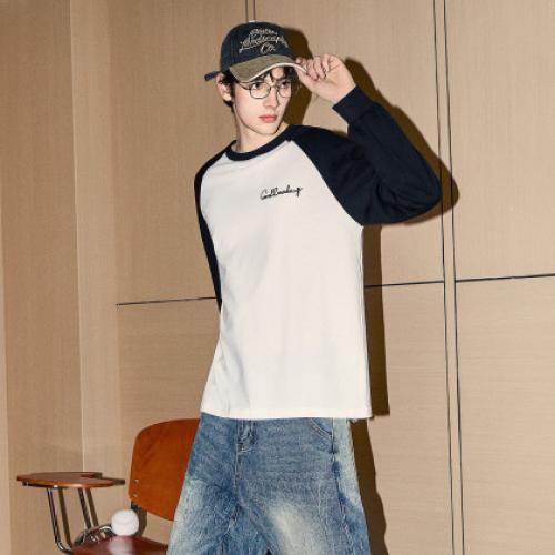 唐狮2025春秋季男款圆领长袖T恤字母发泡印撞色插肩袖设计感T恤