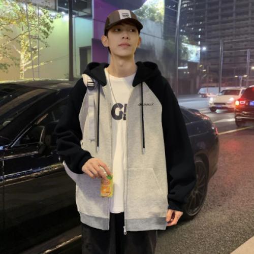 唐狮2025春秋季新款外套男字母刺绣撞色设计感休闲风连帽开衫卫衣