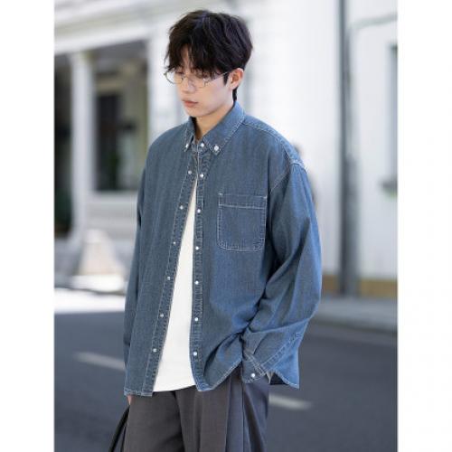 唐狮2026秋冬男士牛仔长袖衬衫钉扣领翻领外穿单口袋休闲时尚衬衫