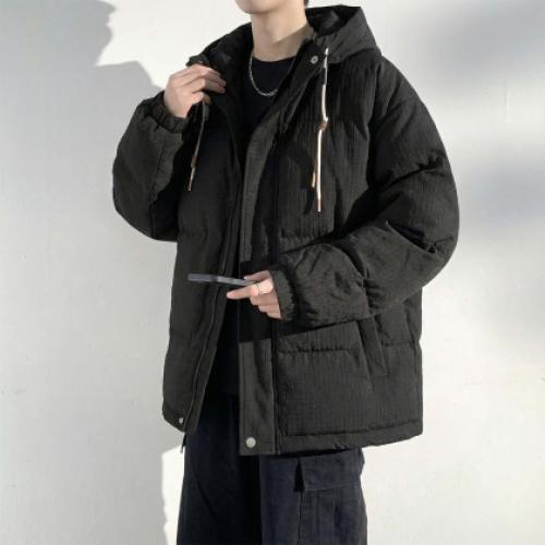 唐狮2026冬季短款羽绒服男连帽肌理感面料黑色羽绒外套保暖防寒