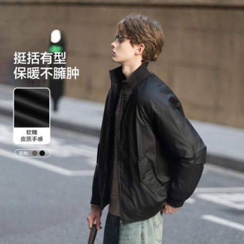 唐狮2026秋冬季短款棉衣男立领仿皮pu厚外套防寒保暖黑色棕色时尚