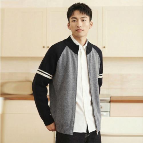 唐狮2026秋冬季毛衣外套男立领插肩袖撞色拼接灰色毛衣开衫时尚潮