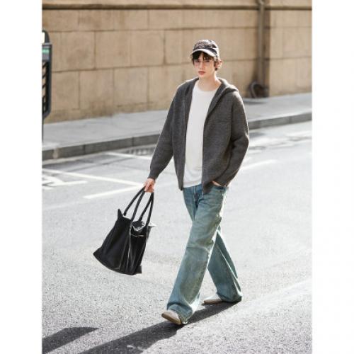 唐狮2026秋冬季毛衣外套男灰色慵懒风高级感时尚连帽开衫毛线衫