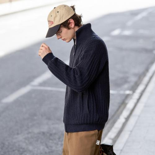 唐狮2026秋冬毛衣外套男绞花毛衣立领藏青色开衫毛线衫休闲慵懒风
