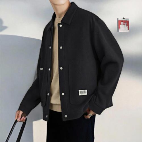 唐狮2026秋冬季毛呢外套男翻领肌理面料短款黑色帅气潮流秋季穿搭