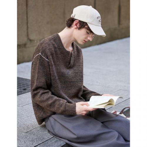 唐狮2026秋冬季毛衣男圆领套头小V撞色明线德美拉肌理感毛线衫