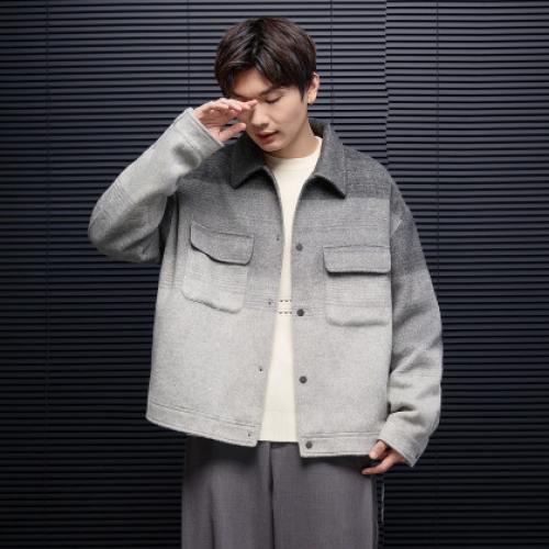 唐狮2025秋冬季男毛呢外套厚外套保暖翻领渐变夹克潮酷百搭时尚