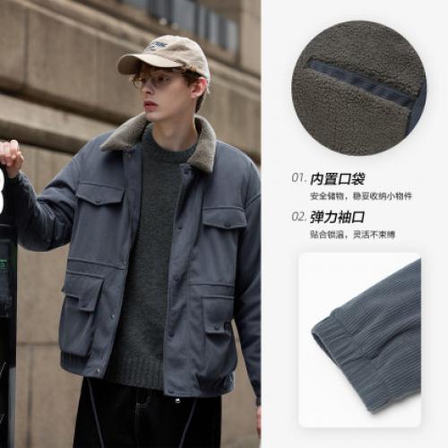唐狮2026秋冬季加厚外套男仿羊羔毛领灯芯绒保暖休闲男士短款外套