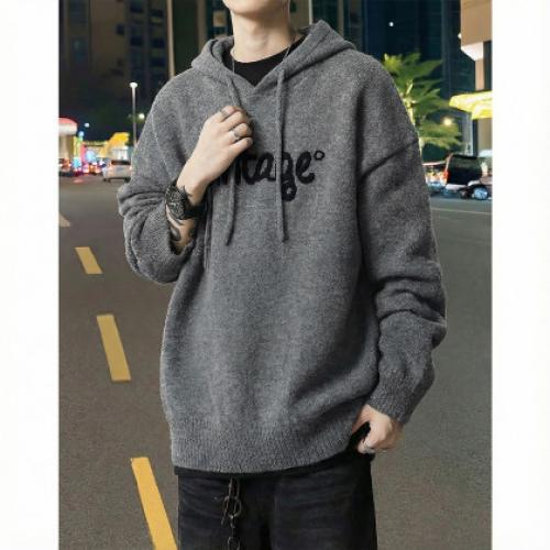 唐狮2025情侣款毛衣连帽前胸字母提花毛线衫美式复古休闲风时尚