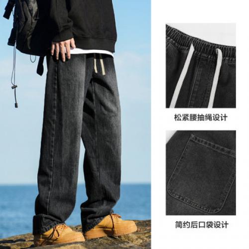 唐狮2026秋冬季牛仔裤男抽绳碳黑色直筒长裤美式高街复古潮流加绒