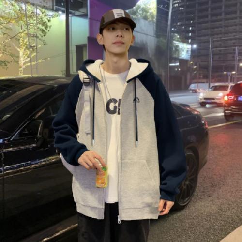 唐狮秋冬季新款男拉链外套连帽拼接宽松休闲短款针织开衫外套