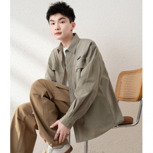 唐狮2025春季新款长袖衬衫男宽松复古工装纯色衬衣休闲外套