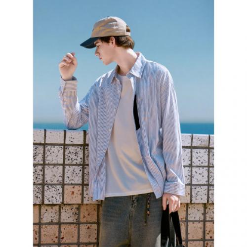 唐狮2026春秋季新款条纹衬衫男长袖日系宽松休闲蓝色男衬衣外套