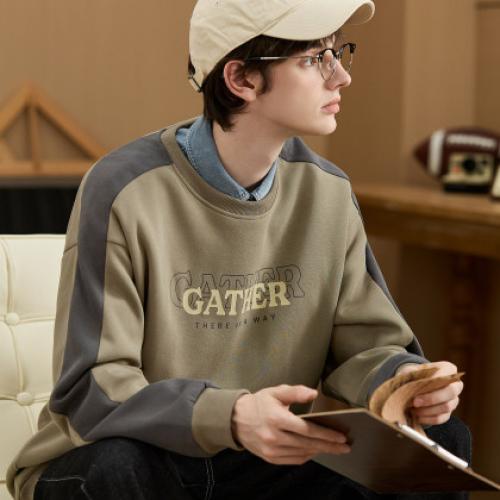 唐狮2025春秋季新款圆领卫衣男宽松撞色拼接插肩袖青少年上衣潮流