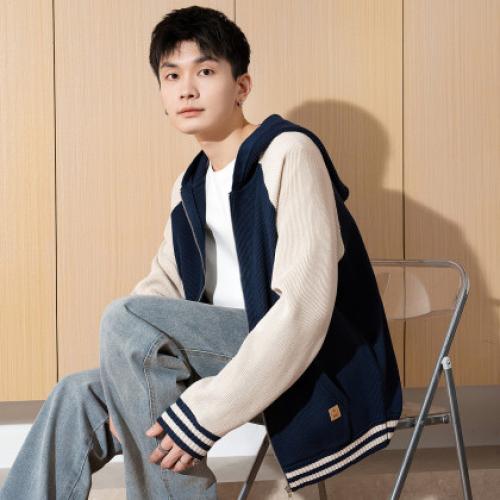 唐狮2025春新款男士毛衣针织开衫外套连帽拉链款港风休闲青少年潮